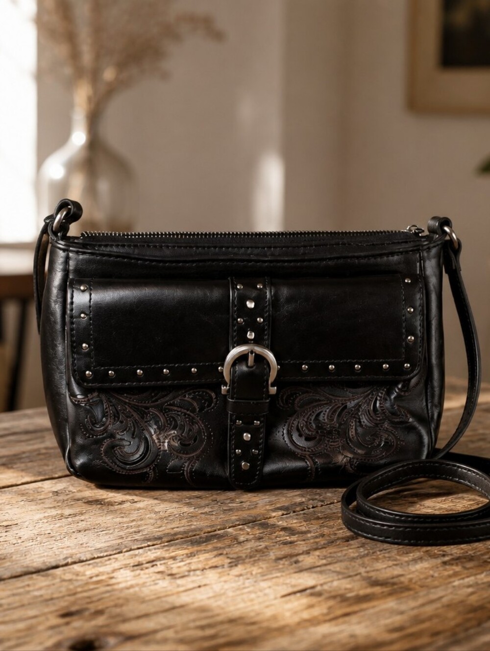 Patricia Nash Black Embossed Leather Crossbody with Stud & Buckle EUC